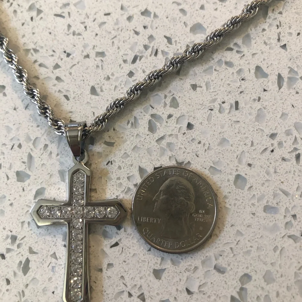 Stainless steel necklace large cubic zirconia cross w/ rope chain